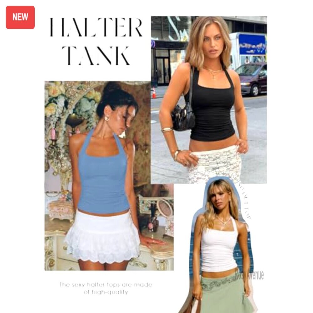 Women's Halter Tank Top with Built-in Bra, Double Lined, Backless, Y2K Style - Picture 5 of 8